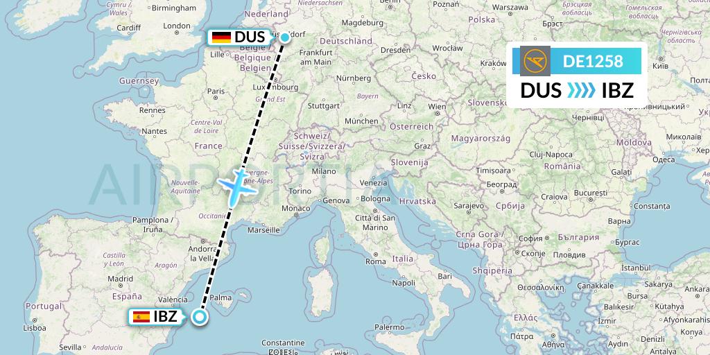 DE1258 Condor Flight Map: Dusseldorf to Ibiza