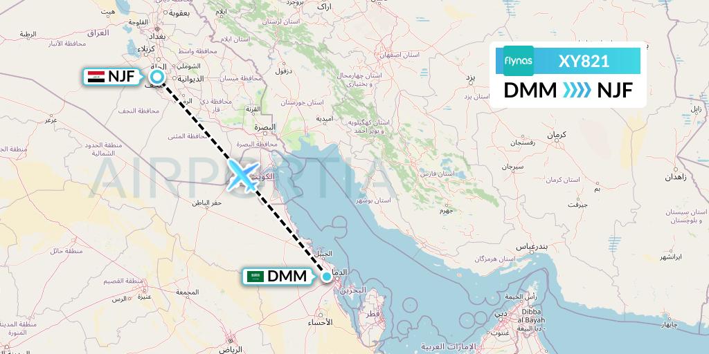XY821 Flynas Flight Map: Dammam to Najaf
