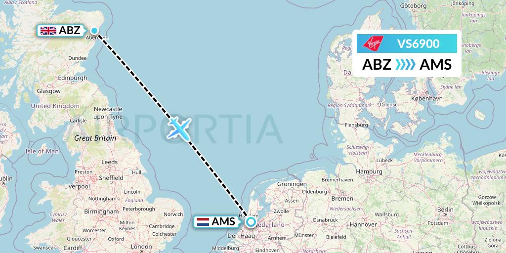 VS6900 Virgin Atlantic Airways Flight Map: Aberdeen to Amsterdam