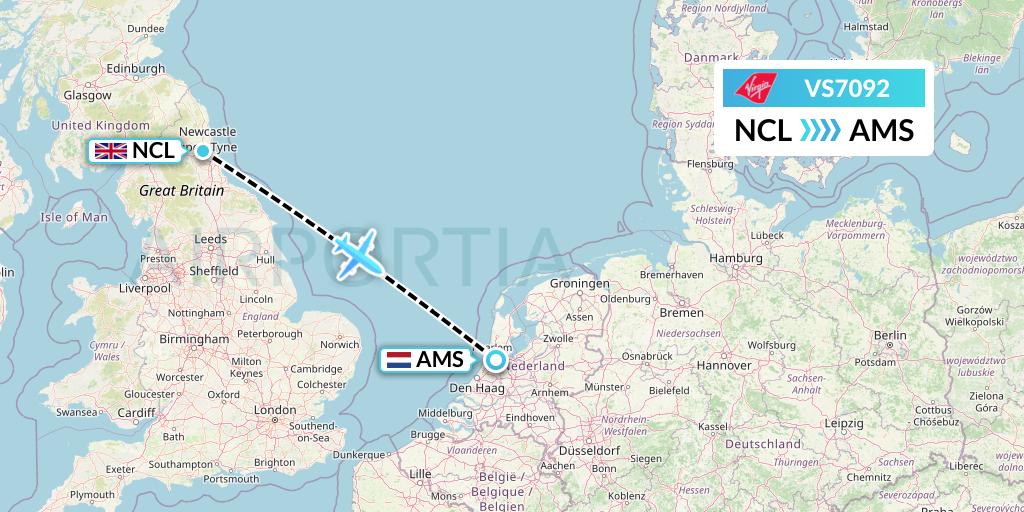 VS7092 Virgin Atlantic Airways Flight Map: Newcastle to Amsterdam