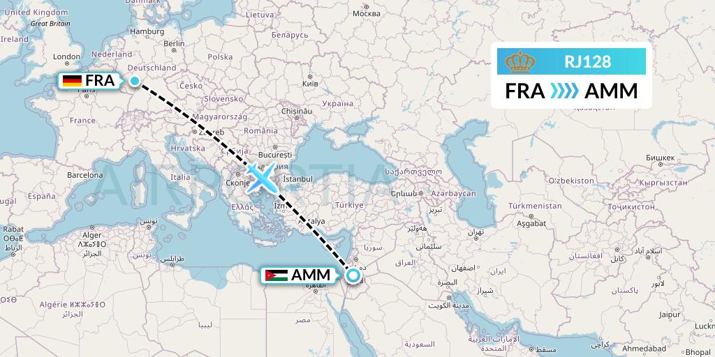 RJ128 Royal Jordanian Flight Map: Frankfurt to Amman
