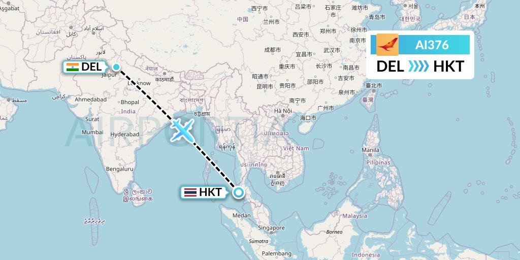 AI376 Air India Flight Map: Delhi to Phuket