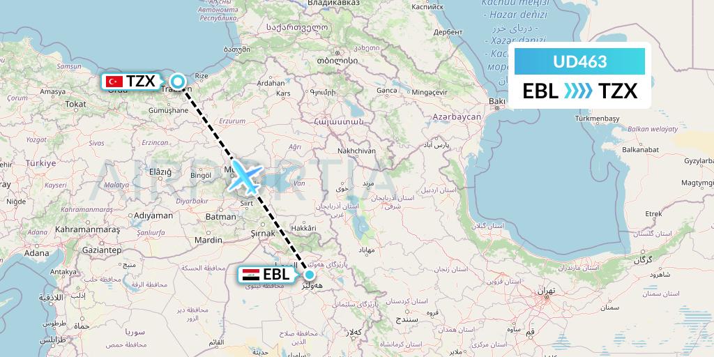 UD463 UR Airlines Flight Map: Arbil to Trabzon