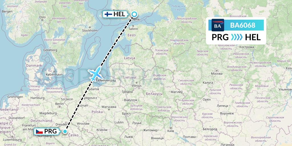 BA6068 British Airways Flight Map: Prague to Helsinki