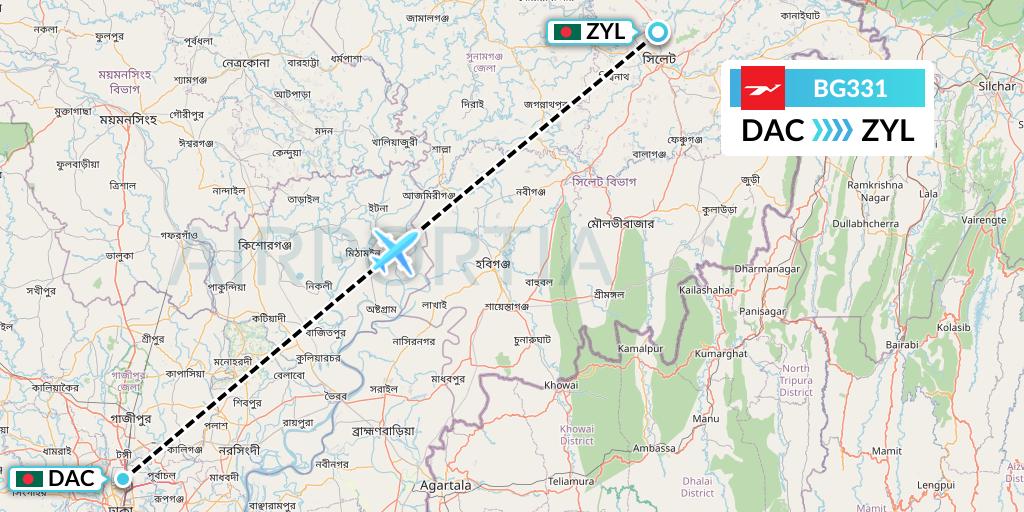 BG331 Biman Bangladesh Airlines Flight Map: Dhaka to Sylhet