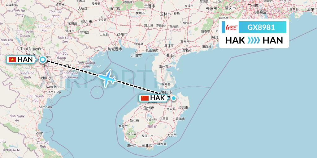 GX8981 GX Airlines Flight Map: Haikou to Hanoi