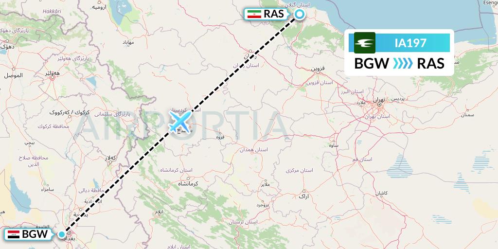 IA197 Iraqi Airways Flight Map: Baghdad to Rasht