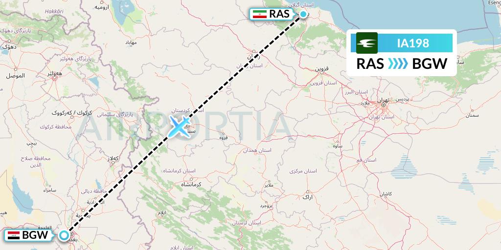 IA198 Iraqi Airways Flight Map: Rasht to Baghdad