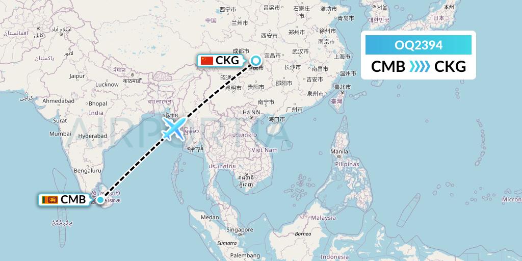 OQ2394 Chongqing Airlines Flight Map: Colombo to Chongqing