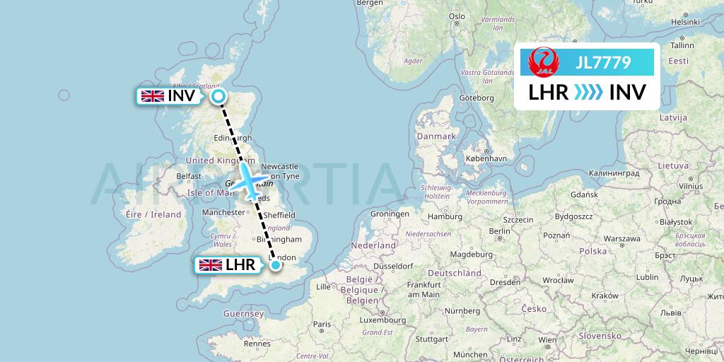 JL7779 Japan Airlines Flight Map: London to Inverness