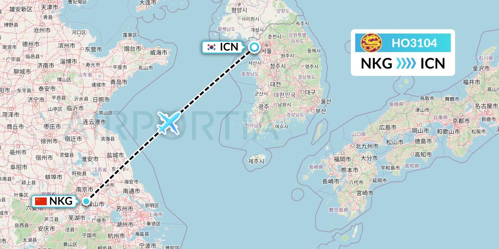 HO3104 Juneyao Airlines Flight Map: Nanjing to Seoul