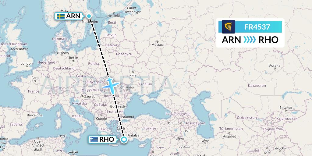 FR4537 Ryanair Flight Map: Stockholm to Rhodes