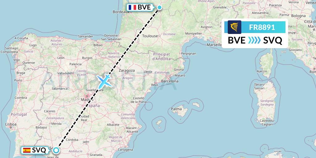 FR8891 Ryanair Flight Map: Brive to Seville
