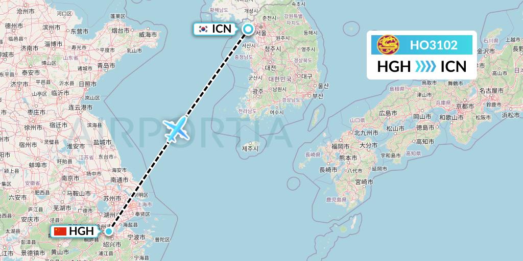 HO3102 Juneyao Airlines Flight Map: Hangzhou to Seoul