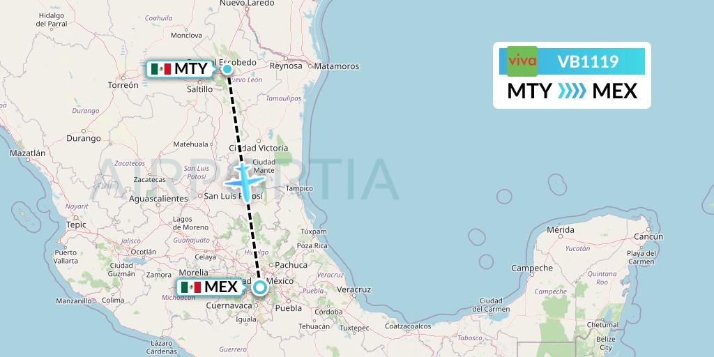 VB1119 VivaAerobus Flight Map: Monterrey to Mexico City