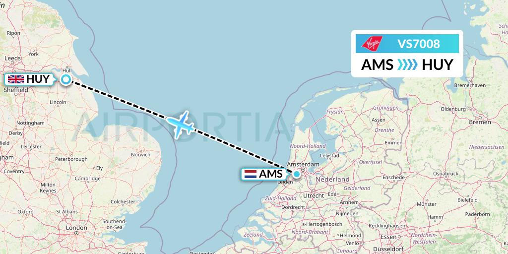 VS7008 Virgin Atlantic Airways Flight Map: Amsterdam to Humberside