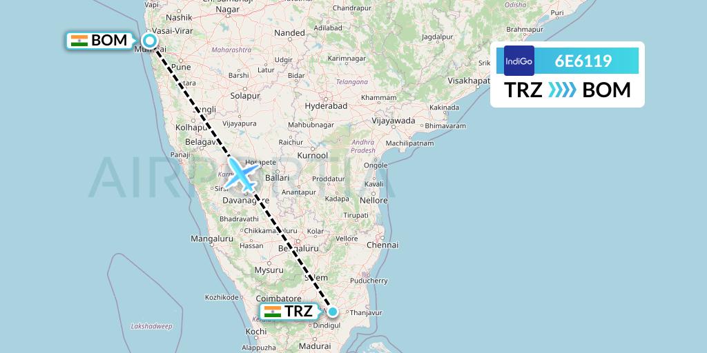 6E6119 IndiGo Airlines Flight Map: Tiruchirapalli to Mumbai