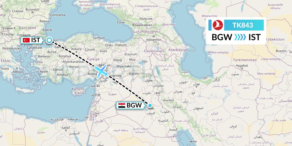 TK843 Turkish Airlines Flight Map: Baghdad to Istanbul