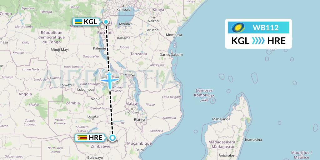 WB112 RwandAir Flight Map: Kigali to Harare