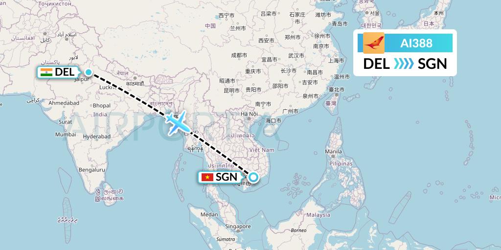 AI388 Air India Flight Map: Delhi to Ho Chi Minh City