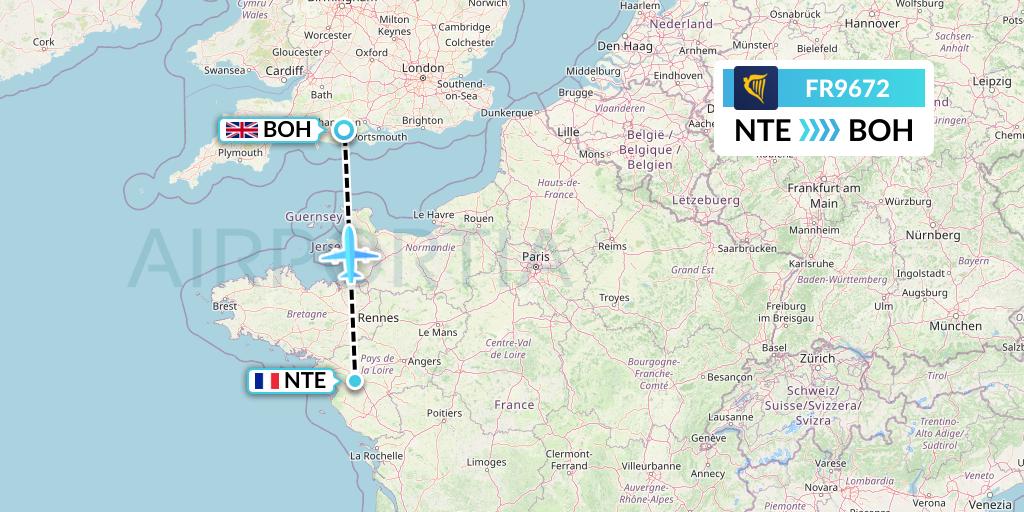 FR9672 Ryanair Flight Map: Nantes to Bournemouth