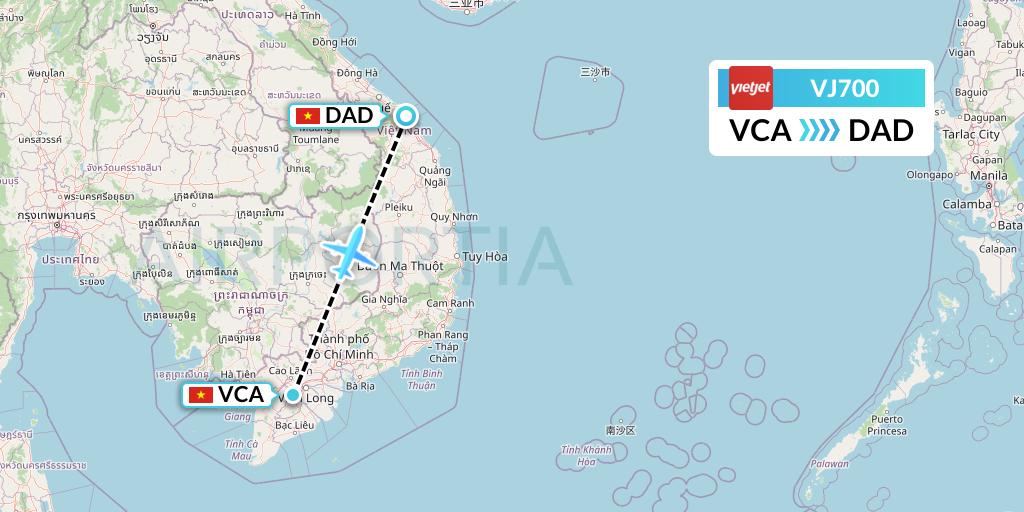 VJ700 VietJet Air Flight Map: Can Tho to Da Nang