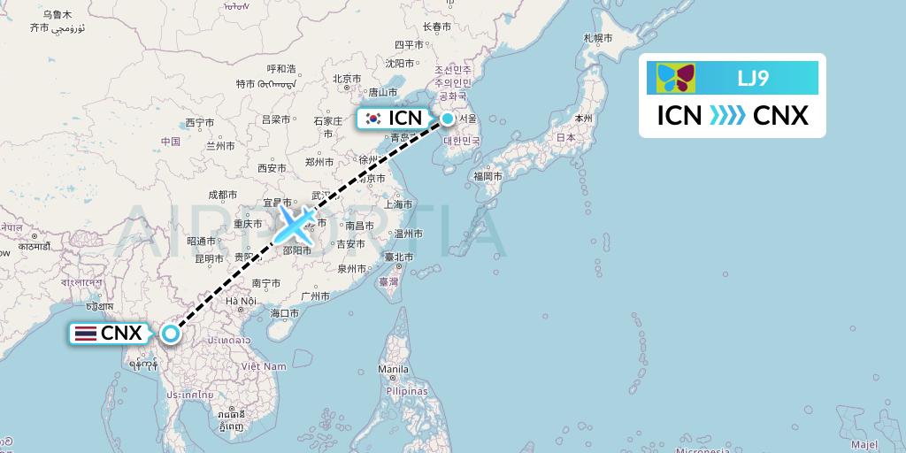 LJ9 Jin Air Flight Map: Seoul to Chiang Mai