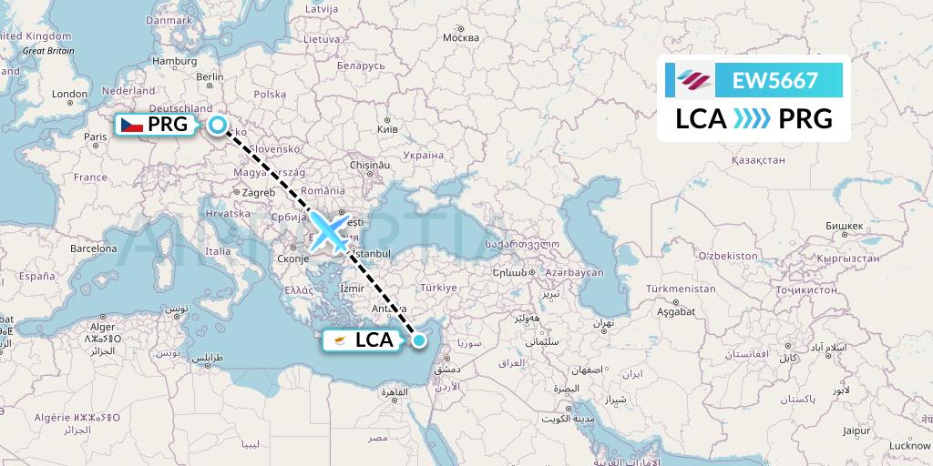 EW5667 Eurowings Flight Map: Larnaca to Prague