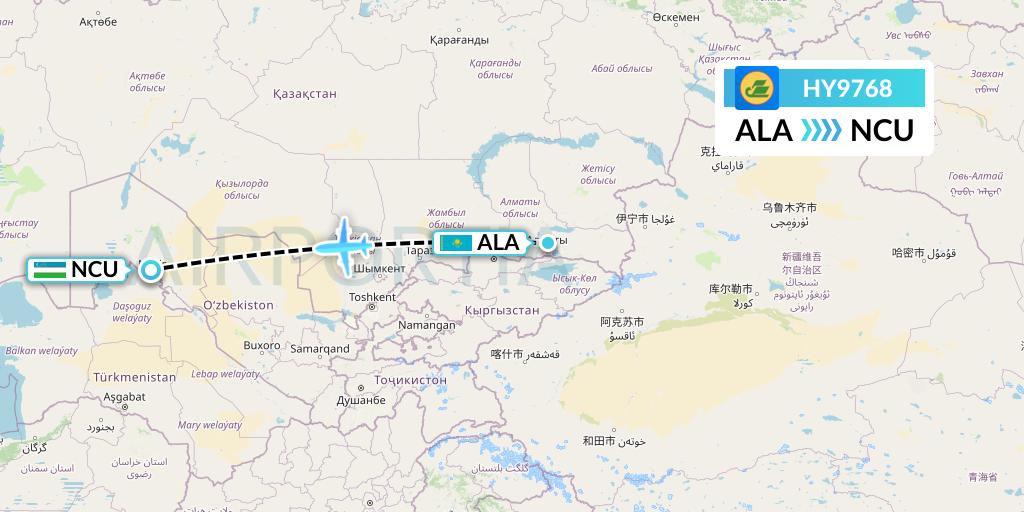 HY9768 Uzbekistan Airways Flight Map: Almaty to Nukus
