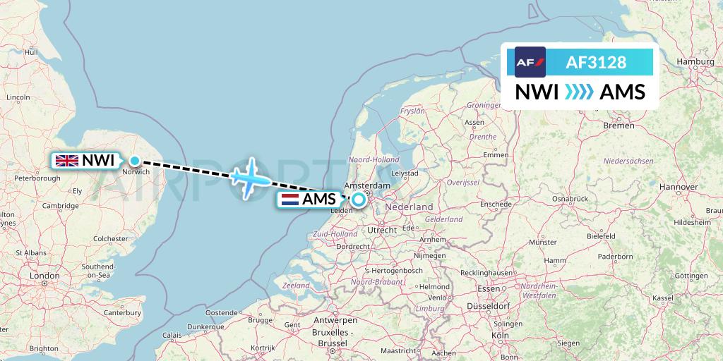 AF3128 Air France Flight Map: Norwich to Amsterdam