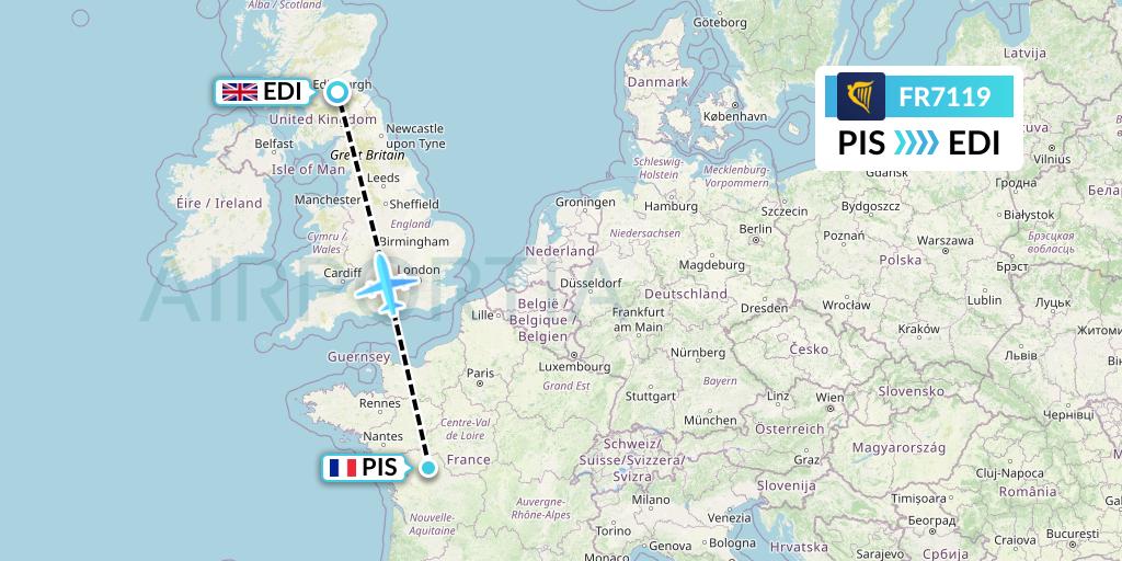 FR7119 Ryanair Flight Map: Poitiers to Edinburgh