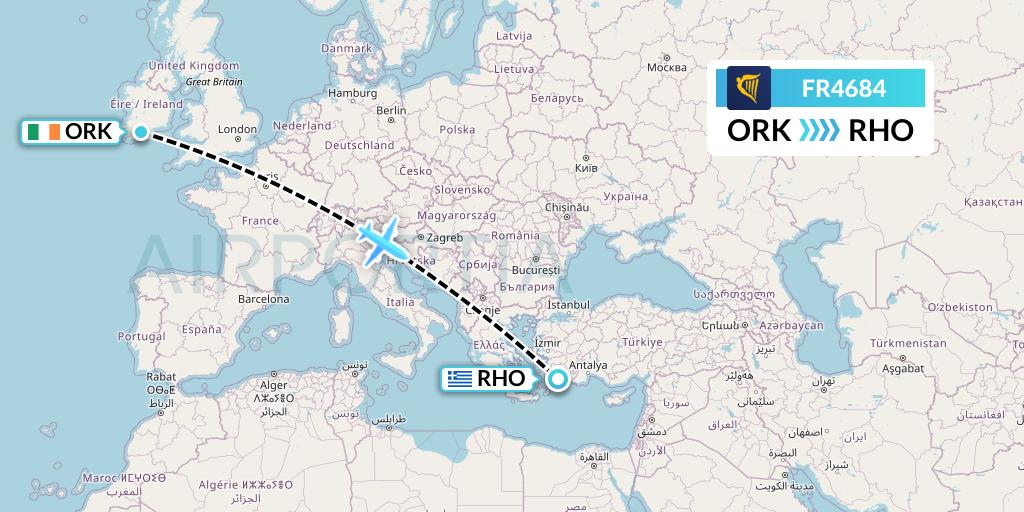FR4684 Ryanair Flight Map: Cork to Rhodes