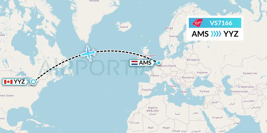 VS7166 Virgin Atlantic Airways Flight Map: Amsterdam to Toronto