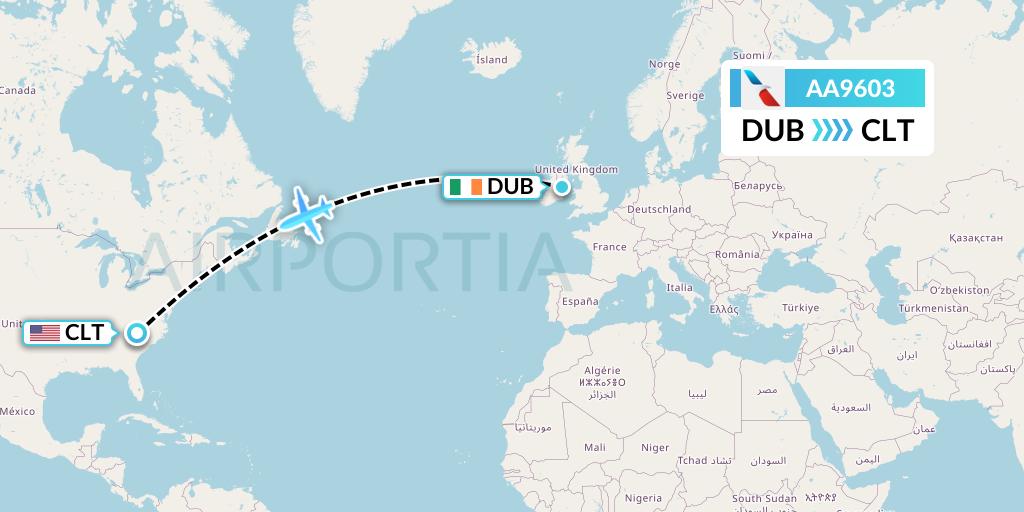 AA9603 American Airlines Flight Map: Dublin to Charlotte