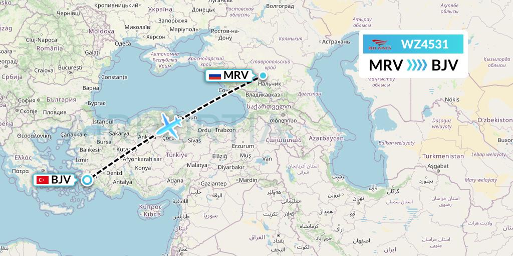 WZ4531 Red Wings Flight Map: Mineralnye Vody to Bodrum