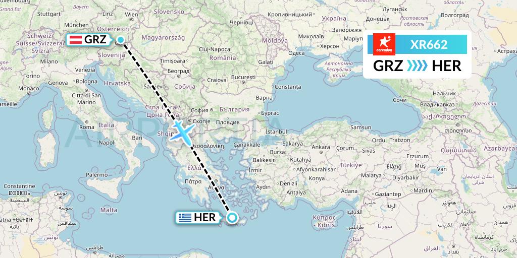 XR662 Corendon Airlines Europe Flight Map: Graz to Heraklion