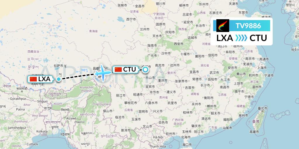 TV9886 Tibet Airlines Flight Map: Lhasa to Chengdu