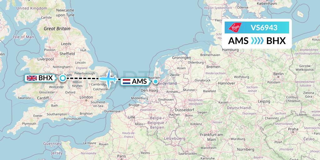 VS6943 Virgin Atlantic Airways Flight Map: Amsterdam to Birmingham