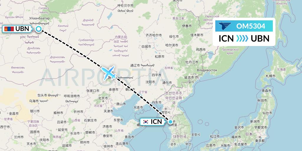 OM5304 MIAT Mongolian Airlines Flight Map: Seoul to Ulan Bator