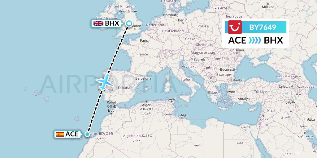 BY7649 TUI Airways Flight Map: Lanzarote to Birmingham