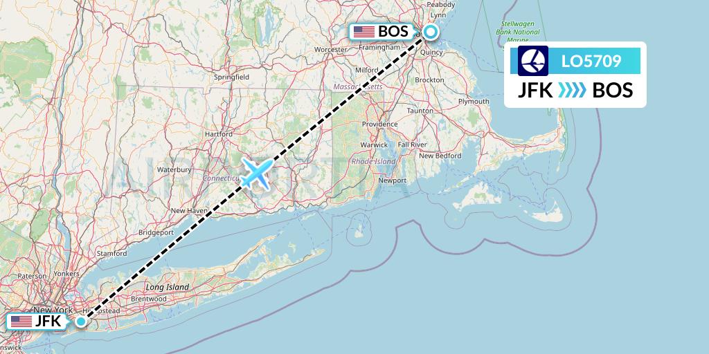 LO5709 LOT Flight Map: New York to Boston