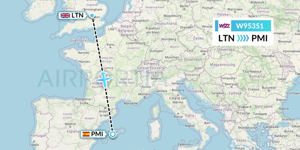 W95351 Wizz Air UK Flight Map: London to Palma de Mallorca