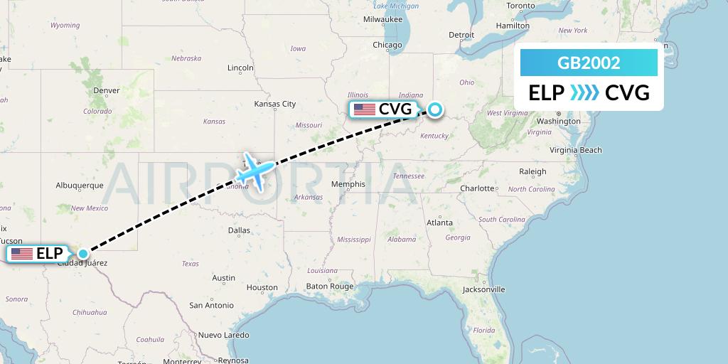 GB2002 ABX Air Flight Map: El Paso to Cincinnati