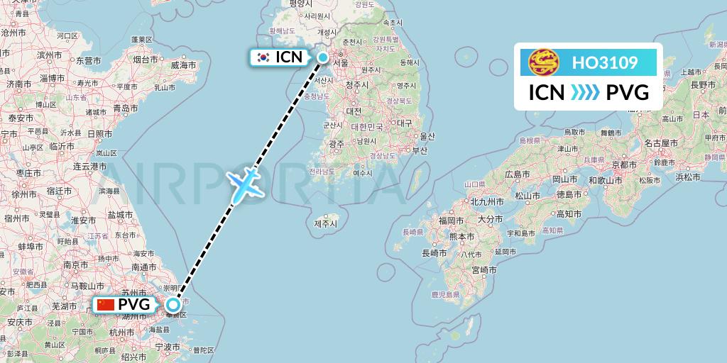 HO3109 Juneyao Airlines Flight Map: Seoul to Shanghai