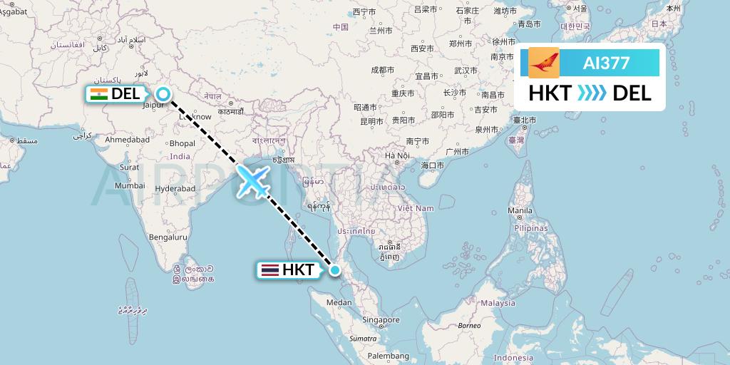AI377 Air India Flight Map: Phuket to Delhi