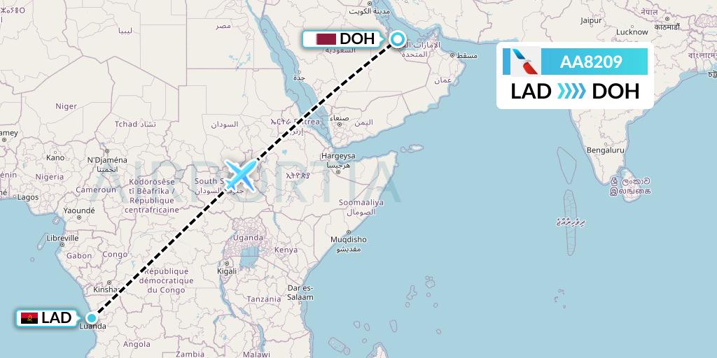 AA8209 American Airlines Flight Map: Luanda to Doha