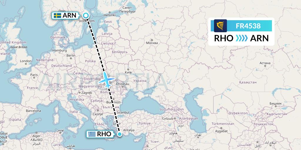 FR4538 Ryanair Flight Map: Rhodes to Stockholm