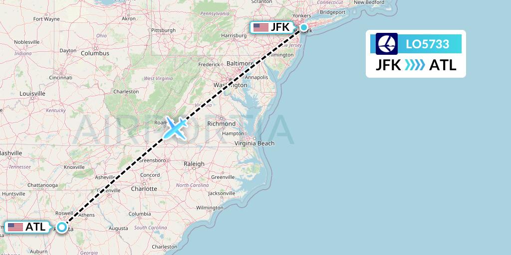 LO5733 LOT Flight Map: New York to Atlanta