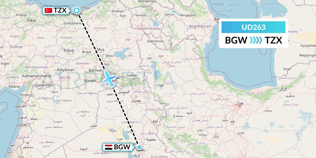 UD263 UR Airlines Flight Map: Baghdad to Trabzon