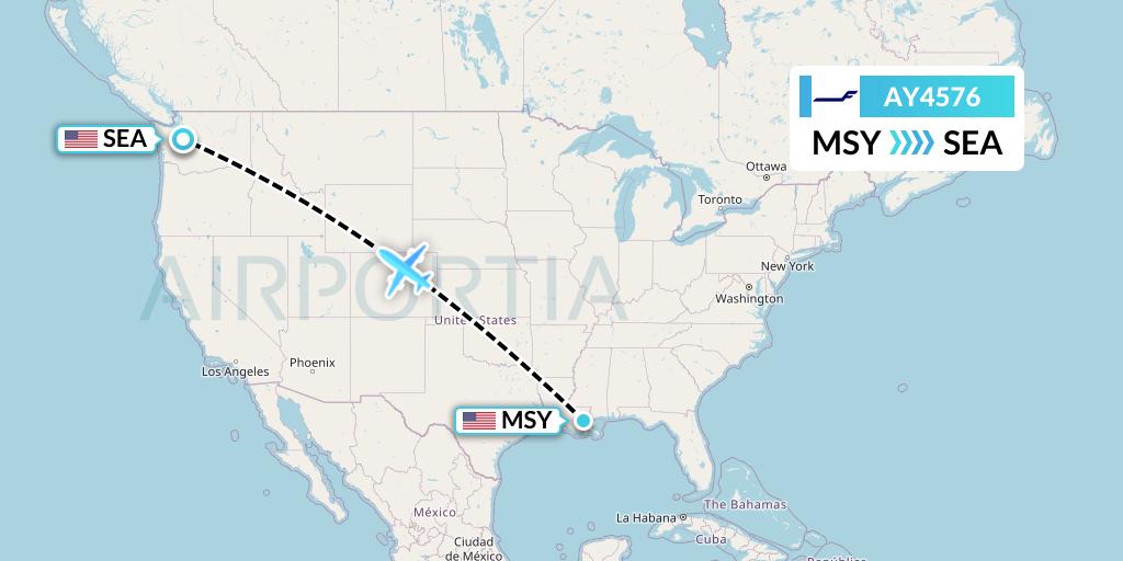 AY4576 Finnair Flight Map: New Orleans to Seattle